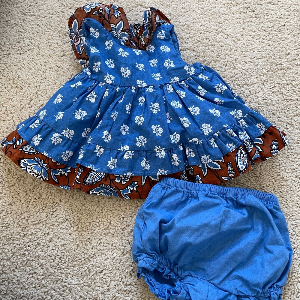 Blue and brown floral dress and bloomer set